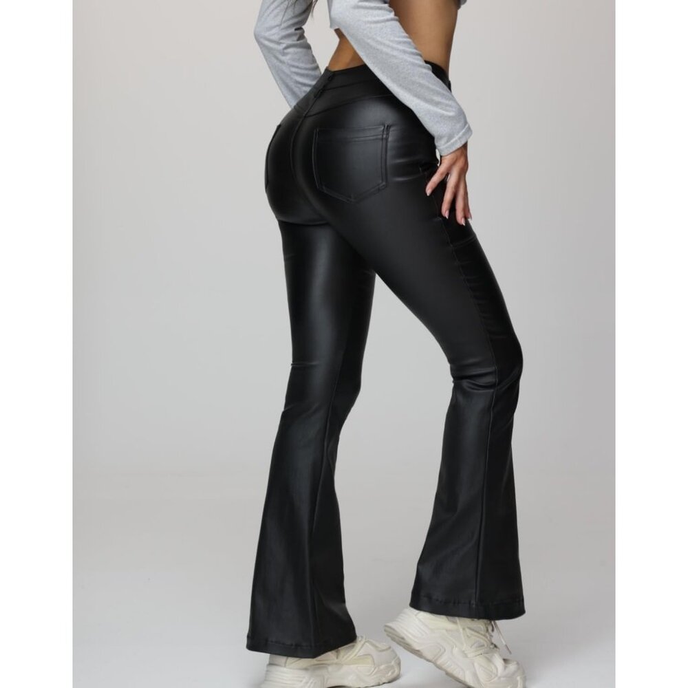 Women's 1 Black Cozy Faux Leather Flare Bell Bottom Sexy Legging Zipper Pants - Picture 5 of 7